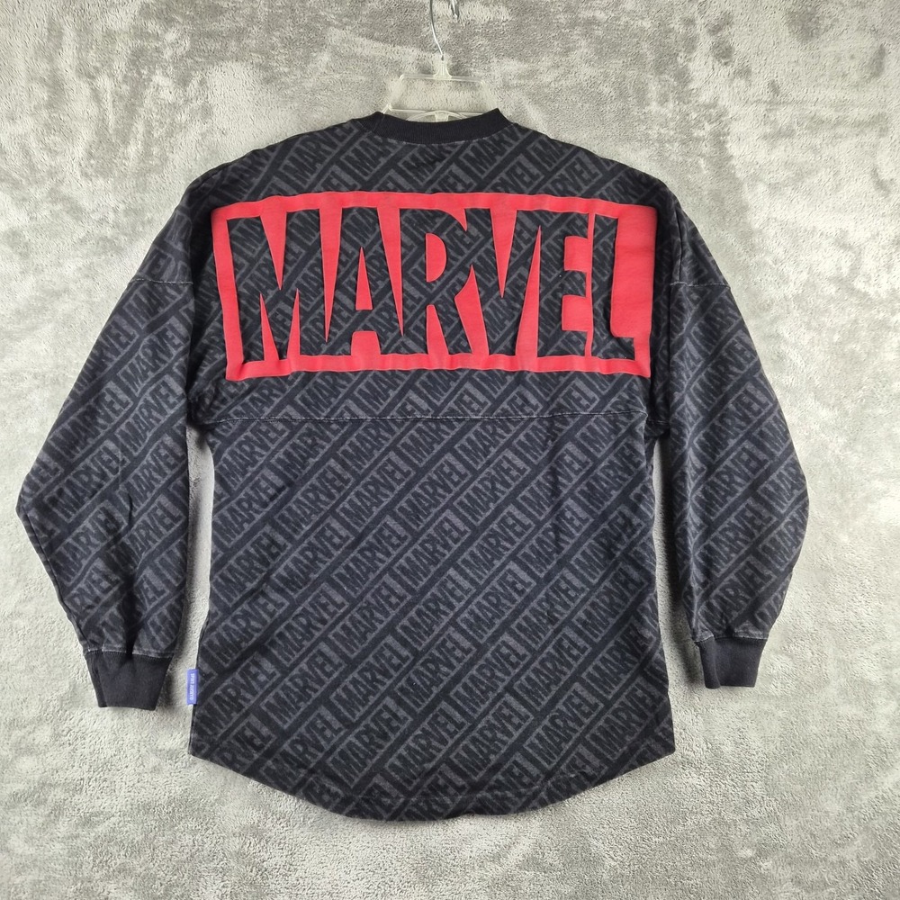 Marvel Spirit Jersey XS Black All Over Logo Long Sleeve Shirt Spellout Superhero